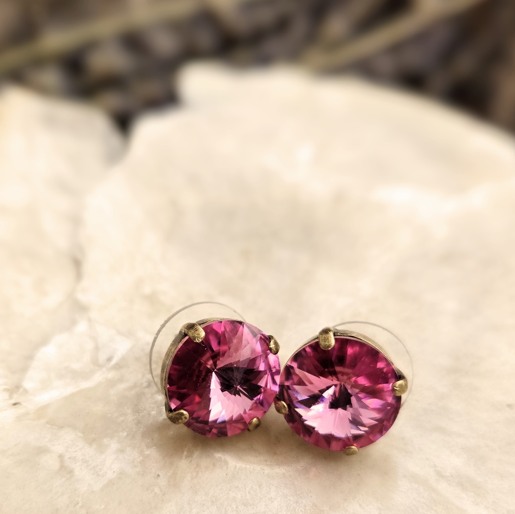 Large Rose Pink Sparkling Crystal Stud Earrings In Brass